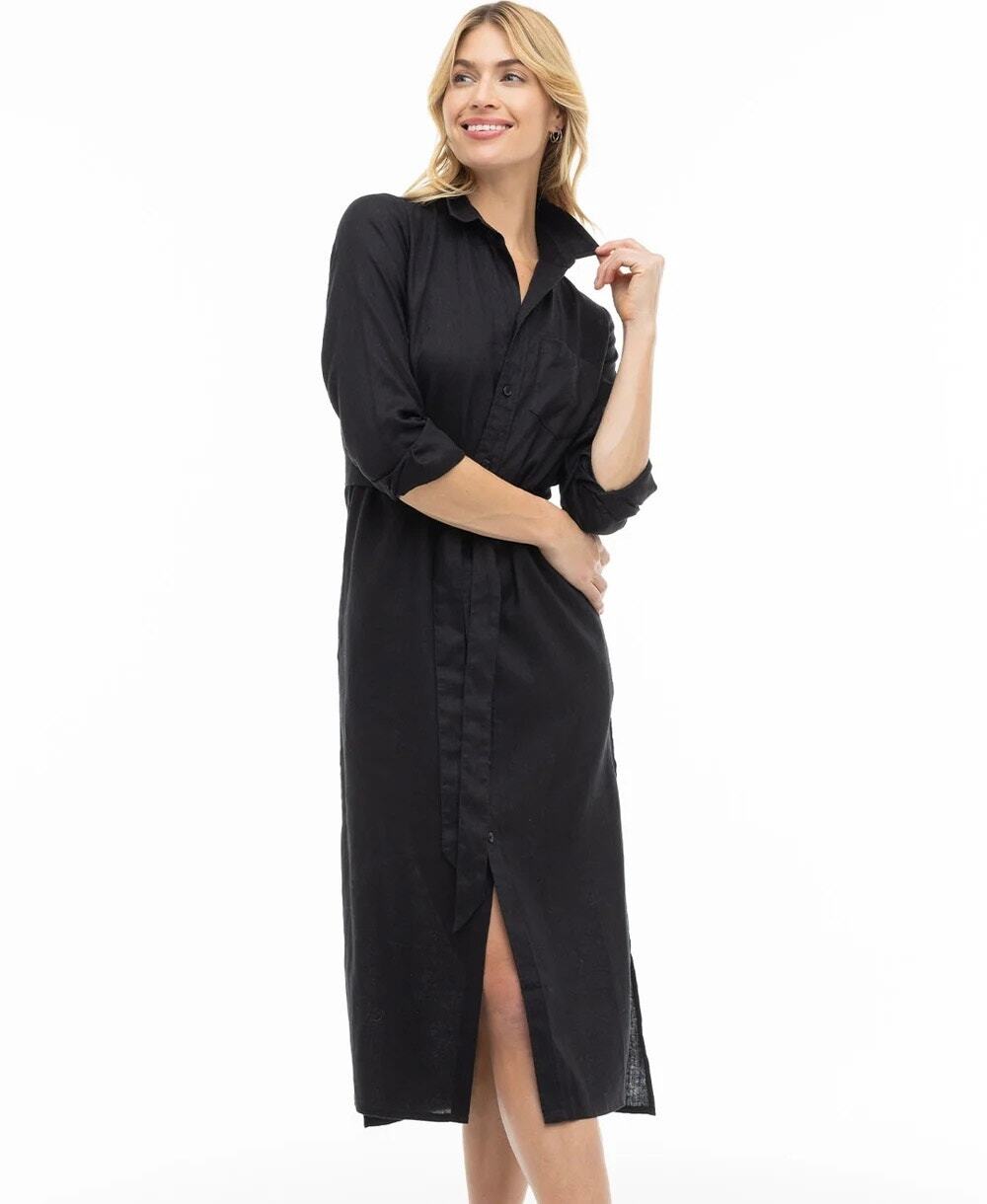 Pura Cashmere Luxe Linen Shirt Dress Black 100% Linen Belted Maxi Medium